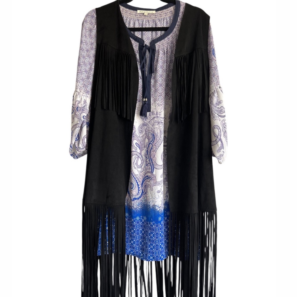 Wild paisley print long sleeve dress with navy collar